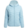 A light blue hooded jacket features horizontal quilted patterns and a front zipper, suitable for casual wear in cooler weather or outdoor activities.