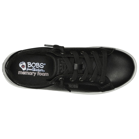 A black sneaker with a smooth leather finish features laces and a white rubber sole. Inside, it has a padded insole marked with BOBS from Skechers memory foam.