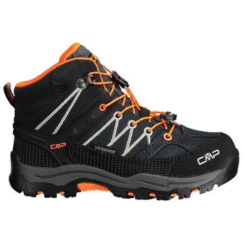 A black waterproof hiking boot with orange accents features a high-top design and a textured sole for grip, ideal for outdoor activities in various terrains.