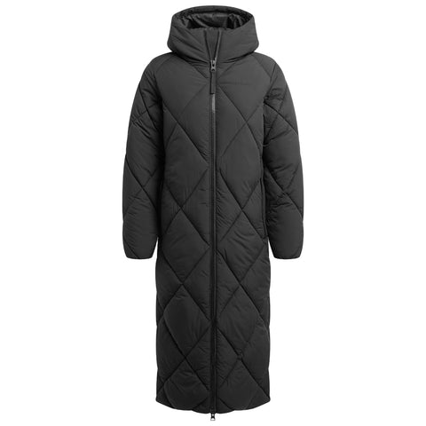 A long black puffy coat with a hood stands upright against a plain background featuring a quilted pattern and a front zipper, designed for warmth in cold environments.