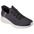 A dark gray athletic shoe features a textured upper with elastic laces and a white speckled sole showcasing a sleek design suitable for casual or active wear.