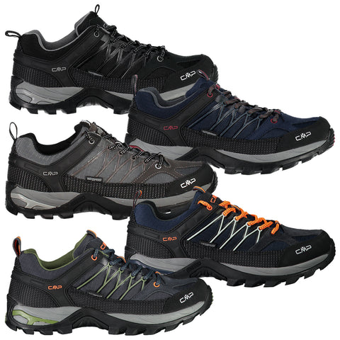 Five pairs of outdoor shoes are displayed in various colors including black gray navy blue and green. Each shoe features durable materials designed for hiking with textured soles and lacing systems.