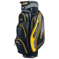 A golf bag in black and yellow features multiple zippered pockets for storage stands upright possibly on a golf course or in a club setting displaying a sporty design.