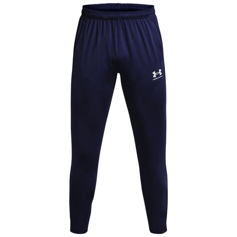 Navy athletic pants with an elastic waistband feature a white logo on the lower leg providing a comfortable fit suitable for sports or casual wear against a plain background.