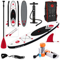 A stand-up paddleboard with a black and white design sits among a paddle, a pump, a backpack, a safety leash, and a repair kit, arranged on a light surface.