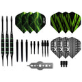 A set of dart components includes three black darts with green accents adjacent to multiple flight shapes in green and black two sets of flight connectors various shaft lengths and a metal tool for adjustments.