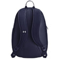 A navy blue backpack stands upright with padded shoulder straps and a top handle the backpack features a logo on the front and a side zipper pocket