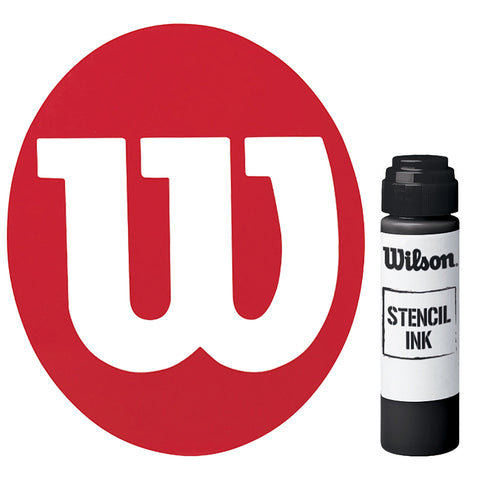 A red circular logo features a prominent white letter W on the left side while a black bottle of stencil ink labeled Wilson stands upright on the right side against a neutral background.