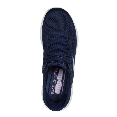 A navy blue sneaker is presented from above showcasing a mesh design and laces along with text highlighting Skechers Slip-Ins and air-cooled memory foam technology on the insole.