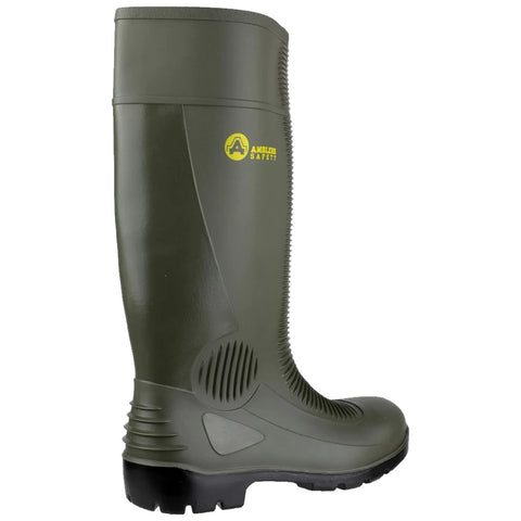 A green rubber boot stands upright featuring a textured finish and a distinctive logo. It is designed for outdoor use, suitable for wet or rugged environments.