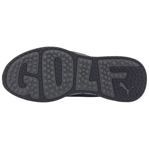 A black shoe sole with the word GOLF prominently displayed in large letters and a Puma logo on the side is shown against a plain background