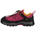 A maroon hiking shoe features black rubber accents and a textured sole. The shoe is equipped with a quick-lacing system and a breathable mesh upper, designed for outdoor activities.