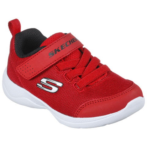 Bright red sneaker with a padded mesh upper features laces and a Velcro strap for secure fit placed on a white rubber sole in a neutral background setting