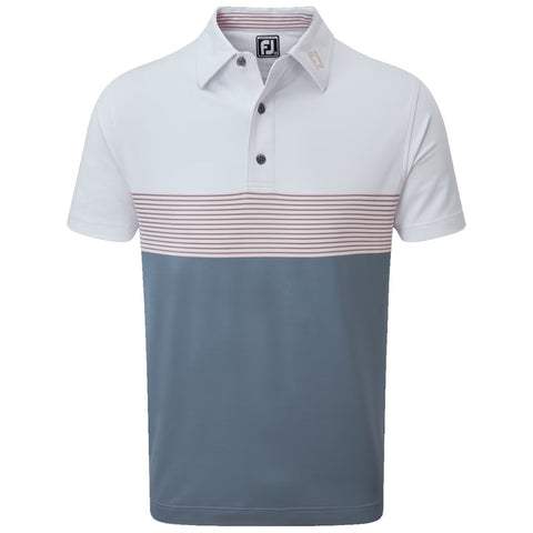 Polo shirt displayed with a buttoned collar featuring white fabric on top a striped band and solid dark grey lower section set against a plain white background.