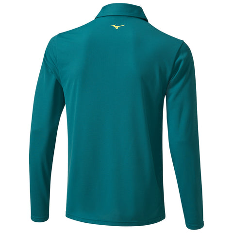 A long-sleeved teal polo shirt is displayed from the back revealing a collar and a small logo at the neck area suggesting athletic or casual wear.