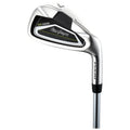 A stainless steel golf club is positioned upright showcasing a sleek iron head with a black and silver design featuring brand markings and a shiny finish illuminated by soft lighting.