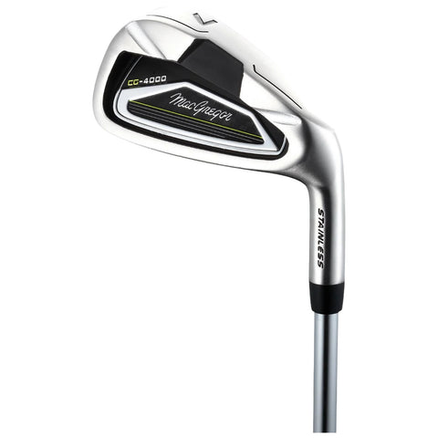 A golf iron is positioned upright showcasing its sleek stainless steel blade and graphite shaft. The club features a logo and model designation indicating its brand and specifications.