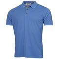 A blue polo shirt with a collar and short sleeves is displayed. It features three buttons and a contrasting gray neckline, suitable for casual or semi-formal wear.