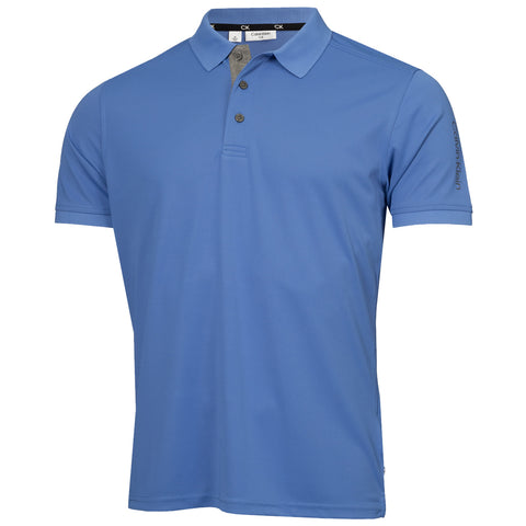 A blue polo shirt with a collar and short sleeves is displayed. It features three buttons and a contrasting gray neckline, suitable for casual or semi-formal wear.