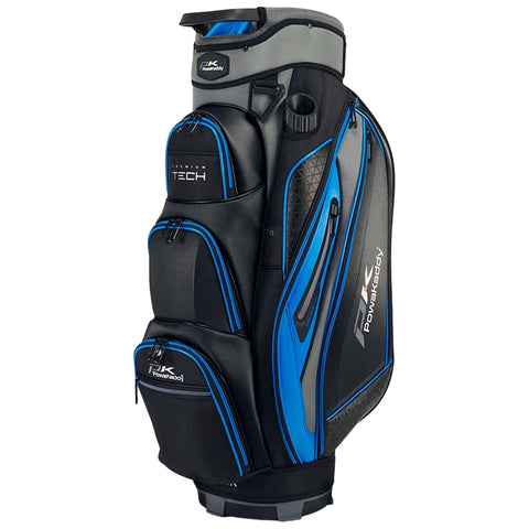 A black and blue golf bag stands upright featuring multiple zippered pockets and a handle at the top designed for holding golf clubs accessories. The bag is sleek and modern in design.