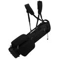 A black golf bag with a cylindrical shape features padded straps for carrying and multiple zippered pockets for storage designed for transporting golf clubs and equipment in outdoor settings.