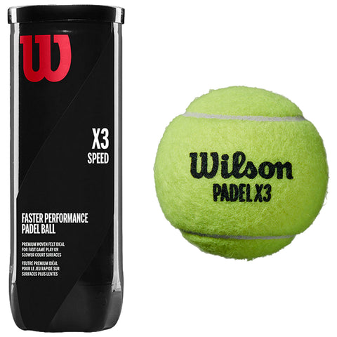 A cylindrical black canister labeled X3 Speed stands next to a bright green padel ball marked Wilson Padel X3, indicating a product for padel sports with a focus on performance.