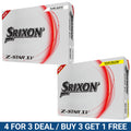 Two boxes of Srixon Z-Star XV golf balls are displayed side by side one labeled Pure White and the other Tour Yellow both featuring promotional text including a deal for buying three and getting one free