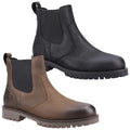 Two pairs of Chelsea boots are displayed side by side the black boot is on the right and the brown boot is on the left both have elastic side panels and rugged soles