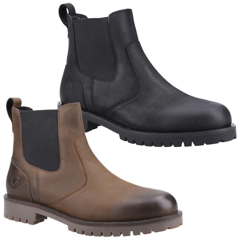 Two pairs of Chelsea boots are displayed side by side the black boot is on the right and the brown boot is on the left both have elastic side panels and rugged soles