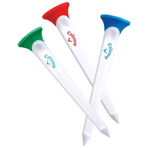 Three golf tees with colored tops in red green and blue are standing upright on a white background showcasing their pointed ends designed for holding golf balls during play.