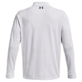 A long-sleeved, light gray polo shirt is displayed from the back featuring a black logo at the neck area with a simple and clean design suitable for casual or athletic wear.