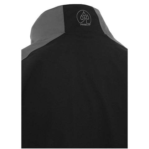 A black jacket with a grey collar is shown from the back featuring a logo on the collar. The context suggests it is designed for outdoor or active wear.