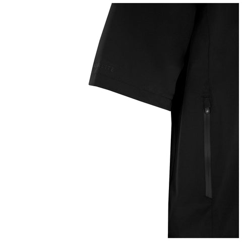 A black shirt with a short sleeve is displayed featuring a zipper pocket on the side and subtle branding along the sleeve showcasing a sleek and modern design suitable for outdoor activities