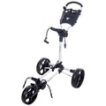 A golf trolley features three wheels and a handle, designed for transporting golf bags. It is set against a plain background emphasizing its structure and functionality.