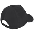 A black baseball cap is displayed with its rear and side facing forward showcasing the curved visor and adjustable strap in a simple isolated setting.