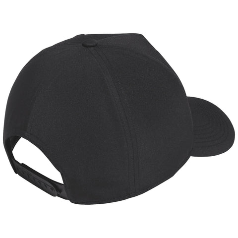 A black baseball cap is displayed with its rear and side facing forward showcasing the curved visor and adjustable strap in a simple isolated setting.