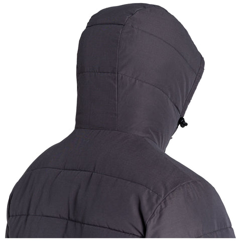 A hooded jacket with a quilted texture is displayed. The jacket is turned slightly to the side, revealing the hood. The background is plain and neutral, focusing attention on the garment.