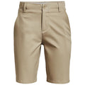 Beige shorts are displayed front-facing with a button closure and pocket details emphasizing a casual style suitable for warm weather or outdoor activities. The fabric appears smooth and durable.