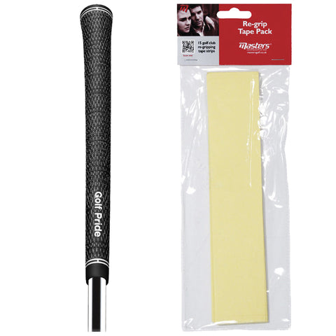 A textured black golf club grip with the label Golf Pride is positioned next to a transparent package containing yellow re-gripping tape strips used to maintain golf equipment.