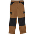 Cargo pants feature a brown body with black patches on the knees and pockets highlighting durable workwear style designed for practical use in rugged environments.