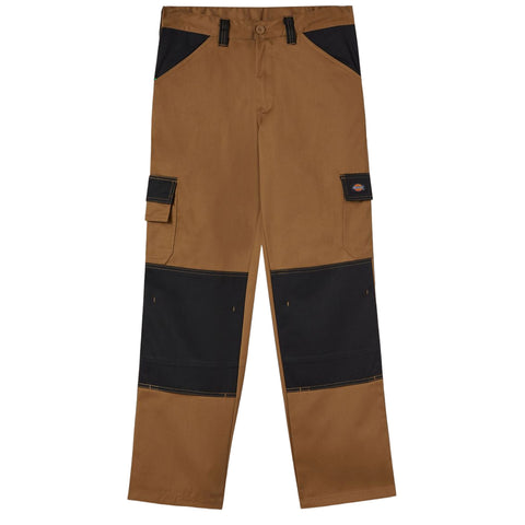 Cargo pants feature a brown body with black patches on the knees and pockets highlighting durable workwear style designed for practical use in rugged environments.