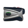 A silver laser rangefinder with a textured black grip sits horizontally featuring buttons on top and a logo on the side used for measuring distances in sports like golf.