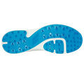 A shoe sole is shown featuring a blue textured surface with various patterns and protrusions designed for traction while being positioned against a plain white background.