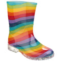 A colorful rubber rain boot displays a vibrant, wavy rainbow pattern. It stands upright on a transparent sole, suggesting use in wet weather conditions or outdoor activities.