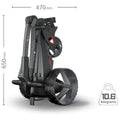 A compact golf trolley is shown in a folded position with measurements labeled 470mm width and 650mm height alongside a weight indication of 10.6 kilograms highlighting its portability and design.