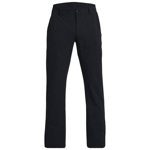 Black pants are displayed standing upright highlighting their straight-leg design with a button closure and waistband in a neutral setting emphasizing their versatility and casual style