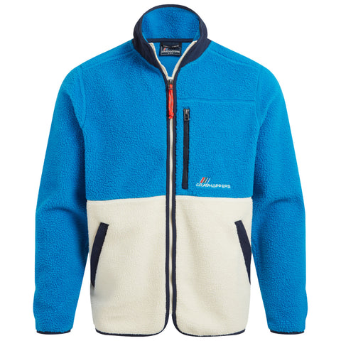 A blue and white fleece jacket hangs vertically with a zippered front it features a chest pocket and two side pockets highlighting a casual and warm design suitable for outdoor activities.