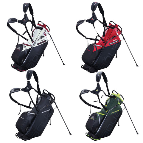 Four golf bags in different colors - white with black, red, black, and green - are displayed in an upright position on their legs showcasing storage compartments and shoulder straps for carrying.