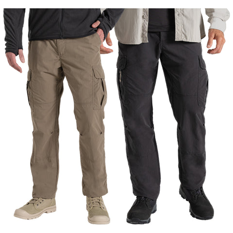 Two pairs of cargo pants in different colors are displayed side by side. The left is light brown and the right is black. Each pair features multiple pockets and is worn with different footwear.