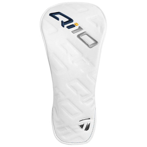 A white golf club headcover is displayed it features a textured surface with branding designs the headcover is designed to protect the club from damage during transport or storage